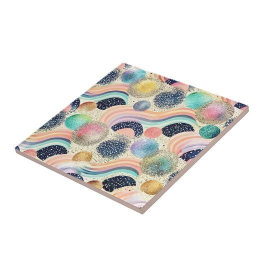 Whimsical Pastel Rainbow Waves & Glitter Abstract Tegeltje (Zijkant)