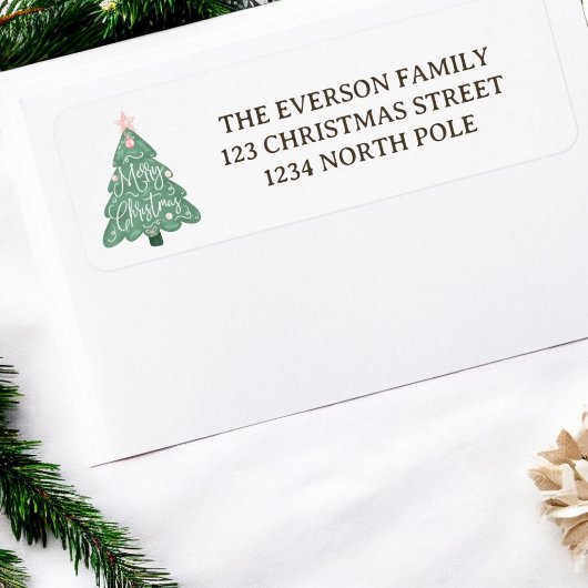 Whimsical pastel roze groen vrolijke kerstboom etiket