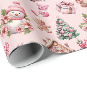 Whimsical Pastel Roze Kerstpatroon – Sneeuwmannen Cadeaupapier (Rol Hoek)