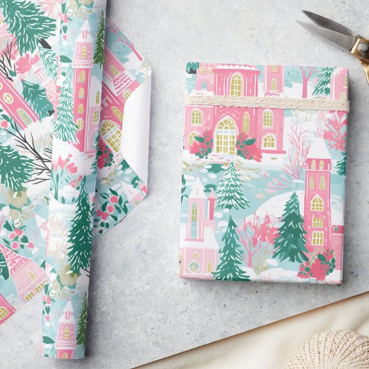 Whimsical Pastel Roze Winter Town Kerstmis Cadeaupapier