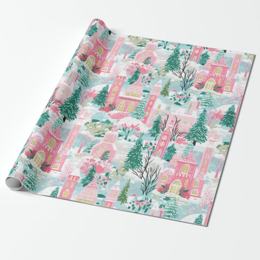 Whimsical Pastel Roze Winter Town Kerstmis Cadeaupapier (Uitgerold)