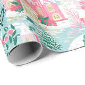 Whimsical Pastel Roze Winter Town Kerstmis Cadeaupapier (Rol Hoek)