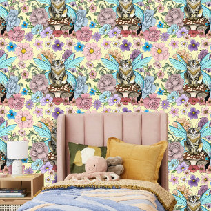 Whimsical Pastel Tabby Feeënkat Bloemrijke Fantasi Behang