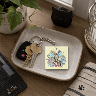 Whimsical Pastel Tabby Feeënkat Bloemrijke Fantasi Sleutelhanger