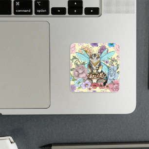 Whimsical Pastel Tabby Feeënkat Bloemrijke Fantasi Vierkante Sticker