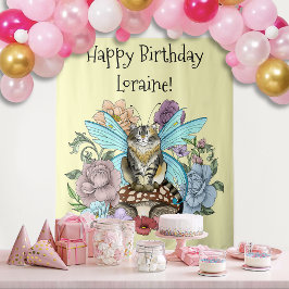 Whimsical Pastel Tabby Feeënkat Bloemrijke Fantasi Wandkleed