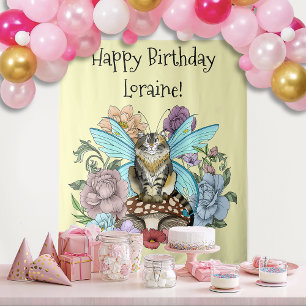 Whimsical Pastel Tabby Feeënkat Bloemrijke Fantasi Wandkleed