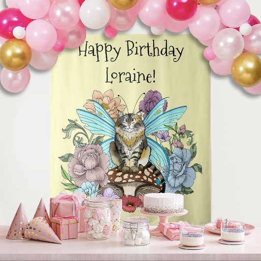 Whimsical Pastel Tabby Feeënkat Bloemrijke Fantasi Wandkleed