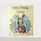 Whimsical Pastel Tabby Feeënkat Bloemrijke Fantasi Wandkleed (Voorkant)