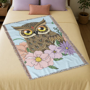 Whimsical Pastel Vintage Uil Bloemen Lente Blauw Deken