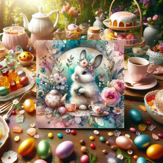 Whimsical Pastel Waterverf Konijnenthee Pasen Feestdagenkaart