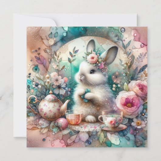 Whimsical Pastel Waterverf Konijnenthee Pasen Feestdagenkaart (Voorkant)
