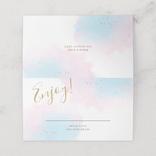 Whimsical Pastel Waterverf Roze Blauw Goud Huwelij Plaatskaartje (Buitenkant ongevouwen)