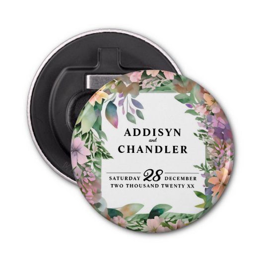 Whimsical Pastel Waterverf Wildflower Wedding Button Flesopener (Voorkant)