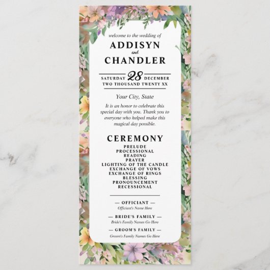 Whimsical Pastel Waterverf Wildflower Wedding Programmakaart (Voorkant)