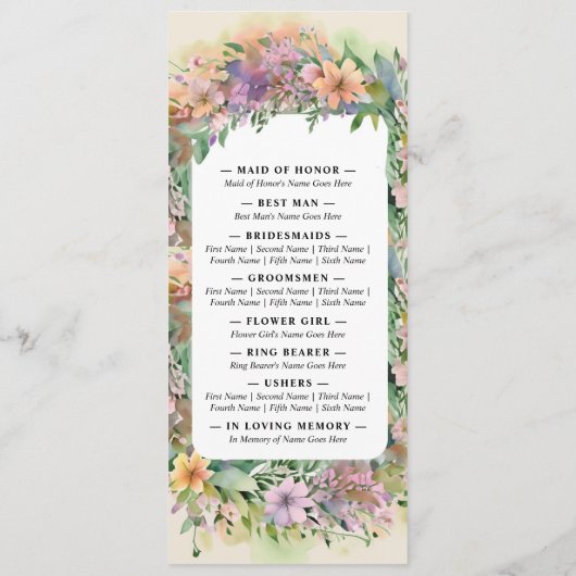 Whimsical Pastel Waterverf Wildflower Wedding Programmakaart (Achterkant)