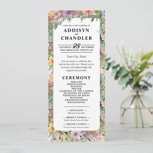 Whimsical Pastel Waterverf Wildflower Wedding Programmakaart (Staand voorkant)