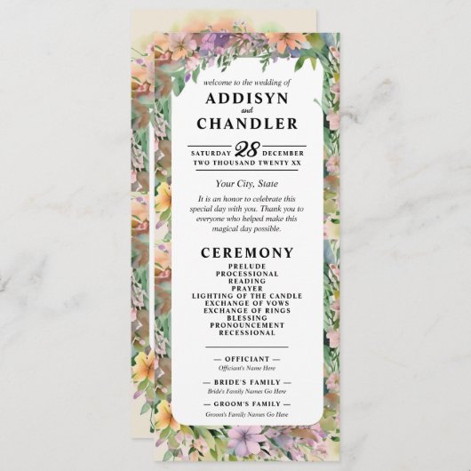 Whimsical Pastel Waterverf Wildflower Wedding Programmakaart (Voorkant / Achterkant)