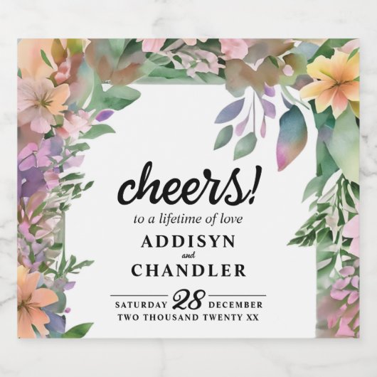 Whimsical Pastel Waterverf Wildflower Wedding Sparkling Wijnetiket (Enkel label)