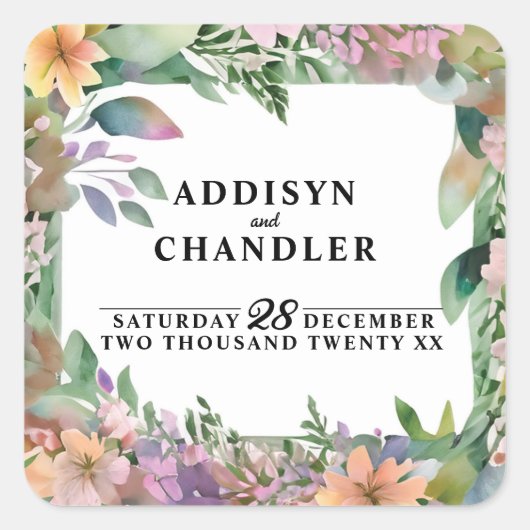 Whimsical Pastel Waterverf Wildflower Wedding Vierkante Sticker (Voorkant)