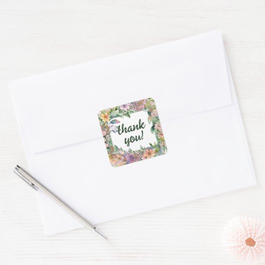 Whimsical Pastel Waterverf Wildflower Wedding Vierkante Sticker (Envelop)