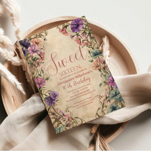 Whimsical Pastel Wildebloem Sweet 16 Kaart