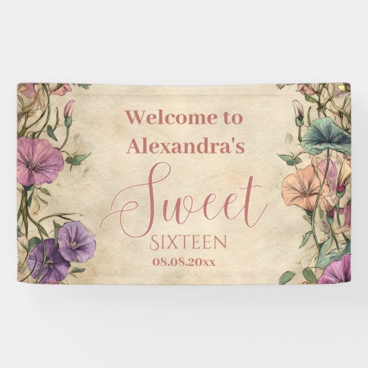 Whimsical Pastel Wildebloem Sweet 16 Spandoek (Horizontaal)