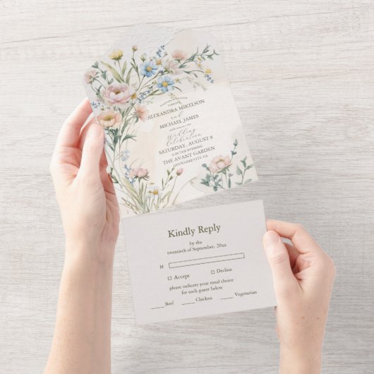 Whimsical Pastel Wildflower bruiloft All In One Uitnodiging (Afscheurbaar)