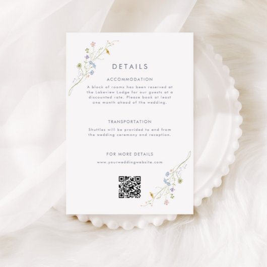 Whimsical Pastel Wildflower bruiloft details Informatiekaartje