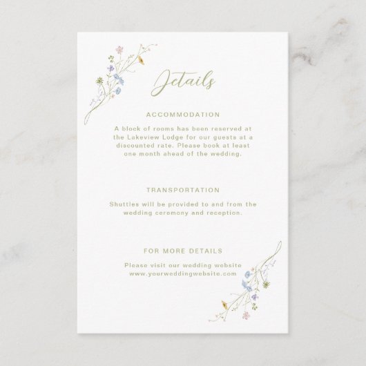 Whimsical Pastel Wildflower bruiloft details Informatiekaartje (Voorkant)