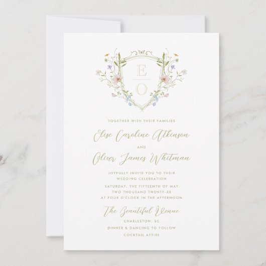 Whimsical Pastel Wildflower Monogram Crest Bruilof Kaart (Voorkant)