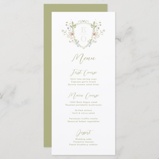Whimsical Pastel Wildflower Monogram Crest Bruilof Menu (Voorkant / Achterkant)