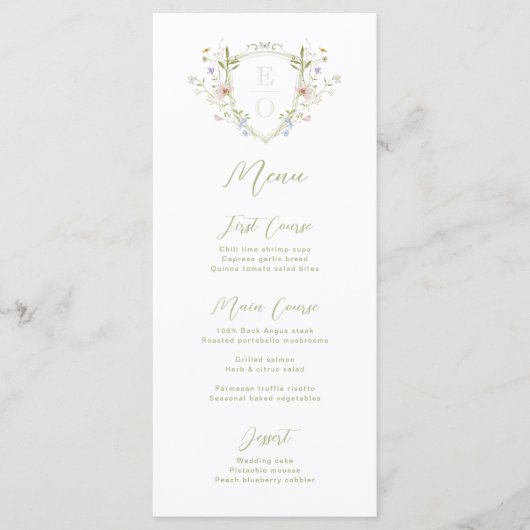 Whimsical Pastel Wildflower Monogram Crest Bruilof Menu (Voorkant)