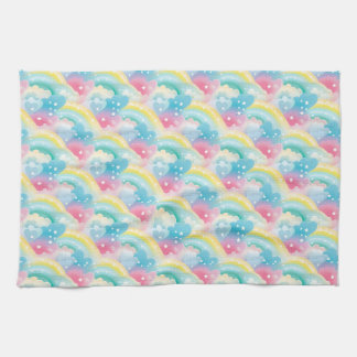 Whimsical Pastelpatroon met Harten en Regenbogen Theedoek