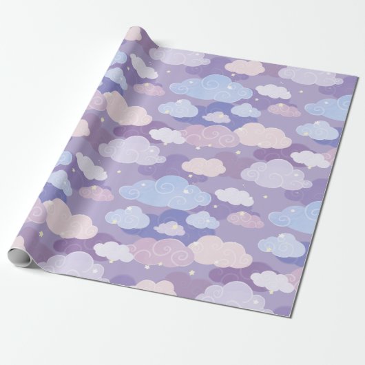 Whimsical pastelwolken en sterrenpatroon cadeaupapier (Uitgerold)