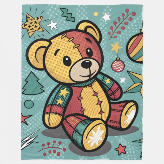 Whimsical Patchwork Christmas Teddy Bear Fleece Deken (Voorkant)