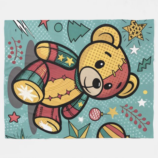 Whimsical Patchwork Christmas Teddy Bear Fleece Deken (Voorkant (Horizontaal))