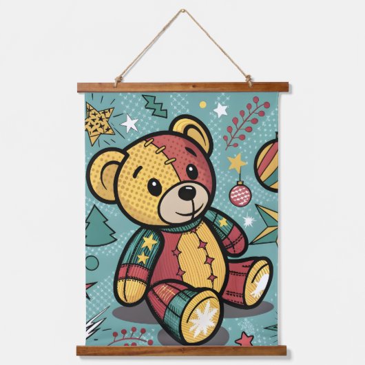 Whimsical Patchwork Christmas Teddy Bear Hangend Wandkleed (Voorkant)