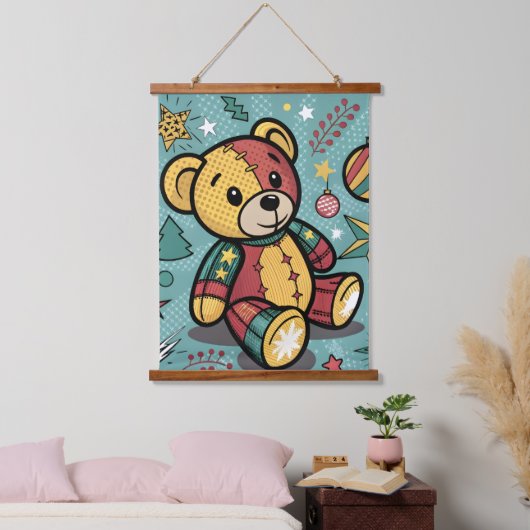 Whimsical Patchwork Christmas Teddy Bear Hangend Wandkleed (Slaapkamer)
