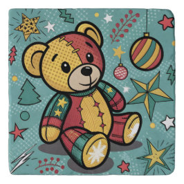 Whimsical Patchwork Christmas Teddy Bear Trivet