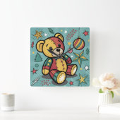 Whimsical Patchwork Christmas Teddy Bear Vierkante Klok (Huis)
