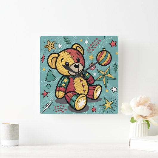 Whimsical Patchwork Christmas Teddy Bear Vierkante Klok (Huis)