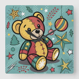 Whimsical Patchwork Christmas Teddy Bear Vierkante Klok