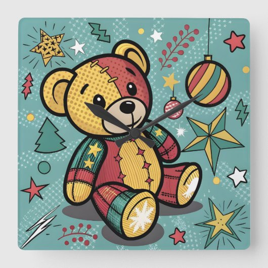 Whimsical Patchwork Christmas Teddy Bear Vierkante Klok (Voorkant)