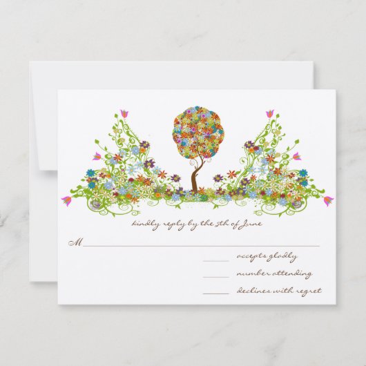 Whimsical Patchwork Flower Tree Wedding RSVP Kaartje (Voorkant)