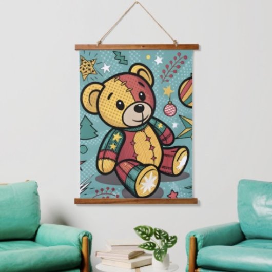 Whimsical Patchwork Kerst Teddybeer Hangend Wandkleed