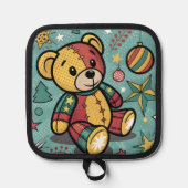 Whimsical Patchwork Kerst Teddybeer Pannenlap (Voorkant)