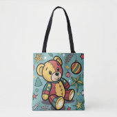 Whimsical Patchwork Kerst Teddybeer Tote Bag (Voorkant)
