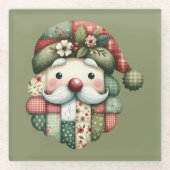 Whimsical Patchwork Kerstman Folk Kerstmis Glazen Onderzetter (Voorkant)