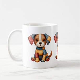 Whimsical Patchwork Puppy Folk Art Cottagecore Koffiemok